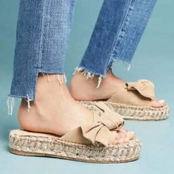 J/Slides Ritsy Slip On Espadrilles Beige Suede Leather Bow Slides Handcrafted - Picture 1 of 12